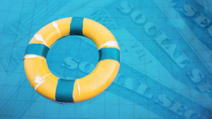 Life preserver floating in pool of social security cards