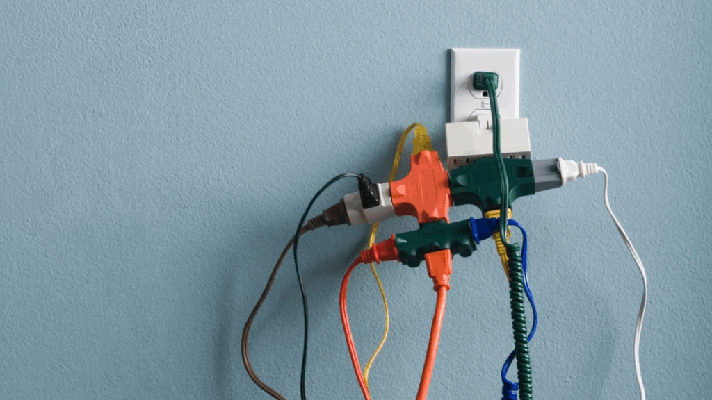 A wall outlet with several plug adapters stacked together and too many cords connected, creating a hazardous and overloaded electrical setup.